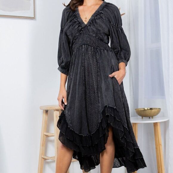 Young Threads Western Boho Elasticated V-neck Midi Dress Size L - Picture 1 of 6